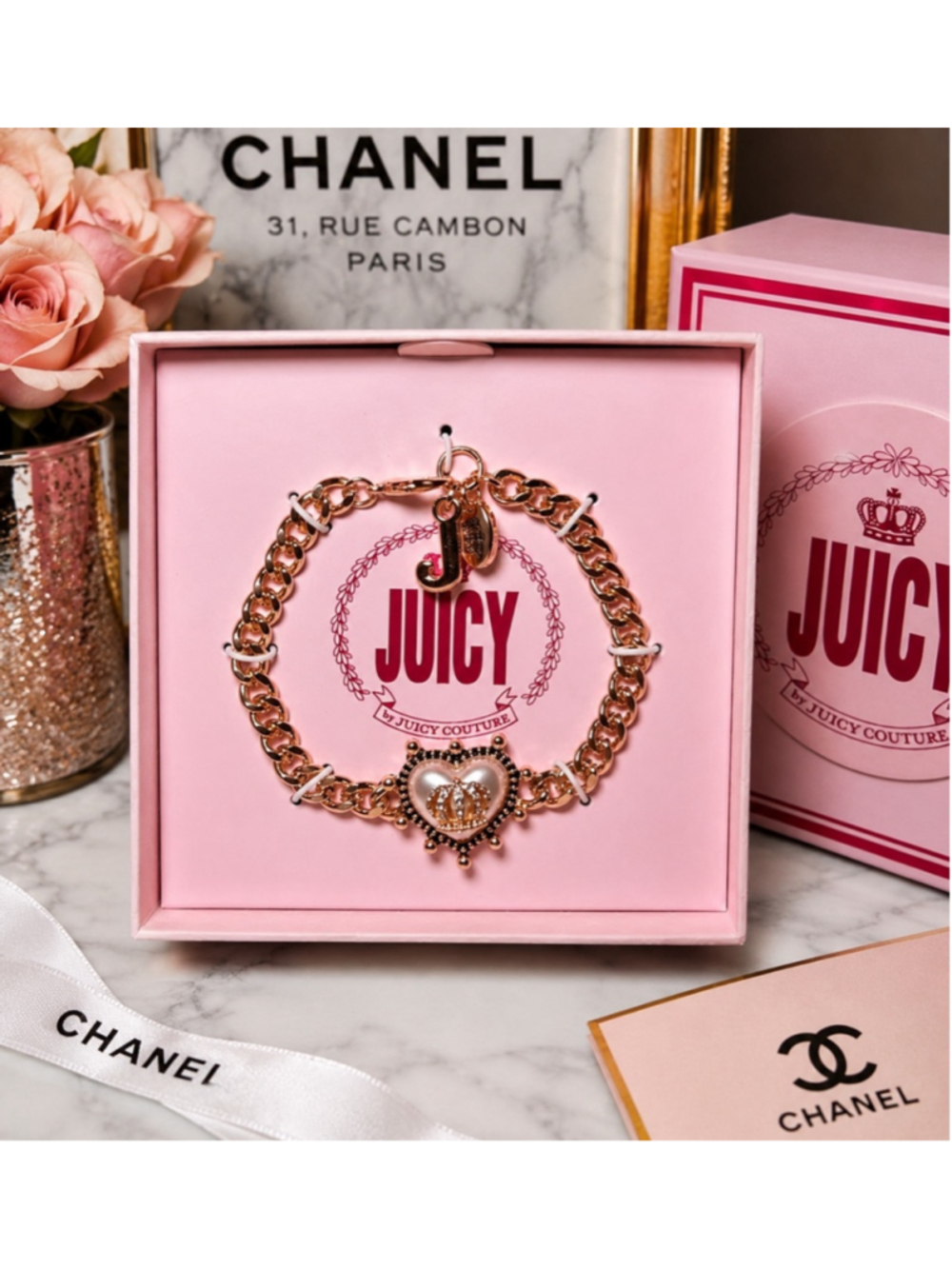 Juicy Couture Rose Gold Crown Heart Charm Bracelet NIB